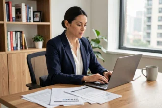 Femme indépendante consultant un comparateur d'assurance RC pro sur ordinateur portable dans un bureau moderne