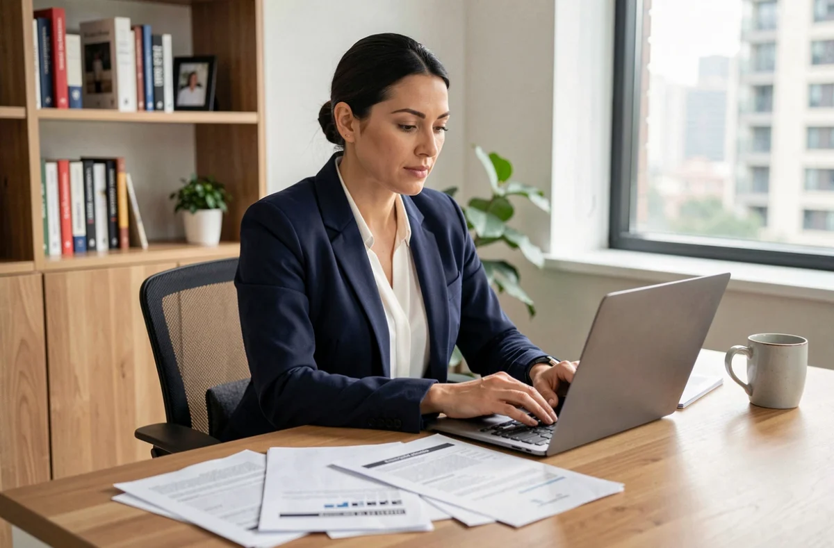 Femme indépendante consultant un comparateur d'assurance RC pro sur ordinateur portable dans un bureau moderne