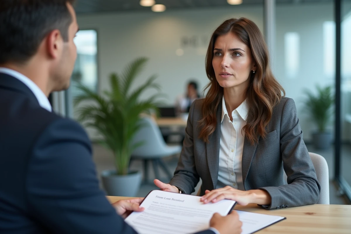 Femme en réunion avec un conseiller bancaire examinant un contrat de prêt trésorerie, illustrant les risques de taux élevés sans justificatif