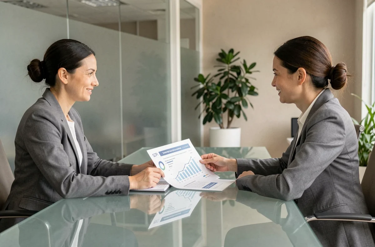 Femme consultant un conseiller financier pour évaluer les avis sur une SCPI