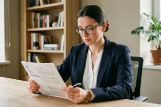 Femme consultant un document d'assurance loyer impayé à son bureau à domicile