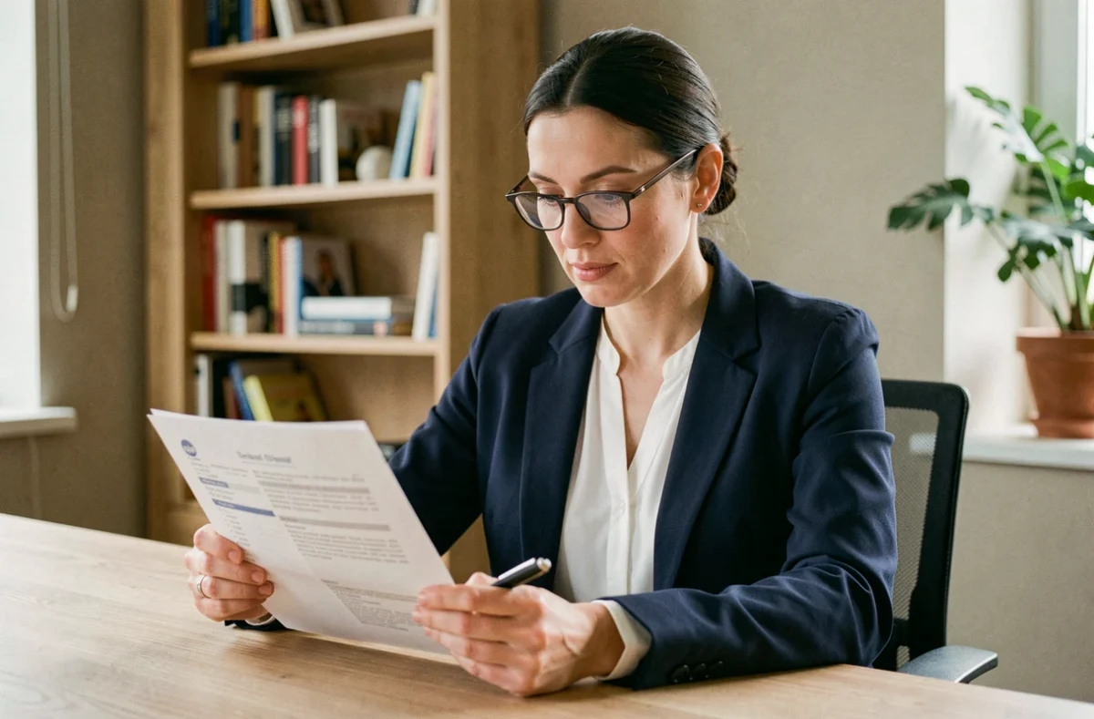 Femme consultant un document d'assurance loyer impayé à son bureau à domicile