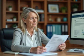 Femme consultant des documents financiers sur le portail Ciclade pour récupérer une assurance vie non réclamée