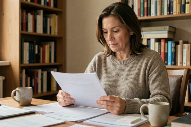 Femme consultant les documents de sa mutuelle Harmonie Mutuelle à son bureau à domicile