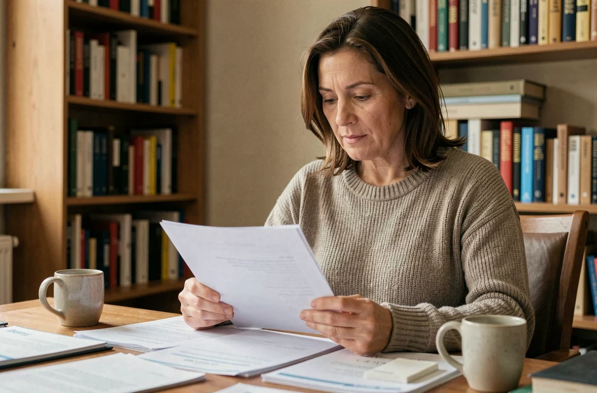 Femme consultant les documents de sa mutuelle Harmonie Mutuelle à son bureau à domicile