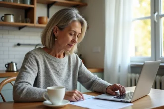 Femme consultant un relevé bancaire La Banque Postale sur un ordinateur portable avec un calendrier posé à côté, à la maison