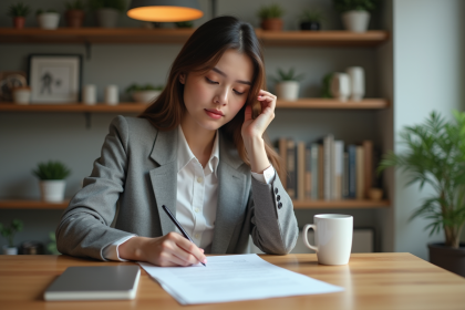 Jeune femme d'affaires examine un contrat à la maison