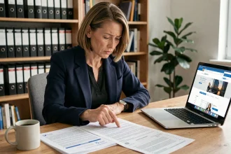 Femme examinant un contrat de crédit à la consommation à son bureau, illustrant les droits du consommateur face à CA Consumer Finance