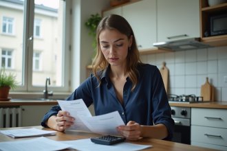 Jeune femme examine des documents de location dans sa cuisine