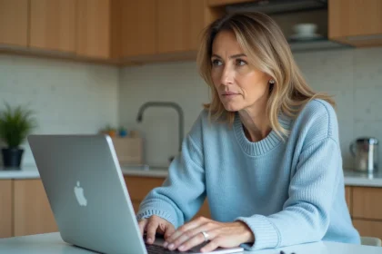 Femme concentrée à la cuisine avec ordinateur et carnet