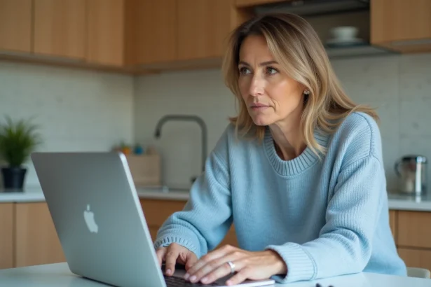 Femme concentrée à la cuisine avec ordinateur et carnet