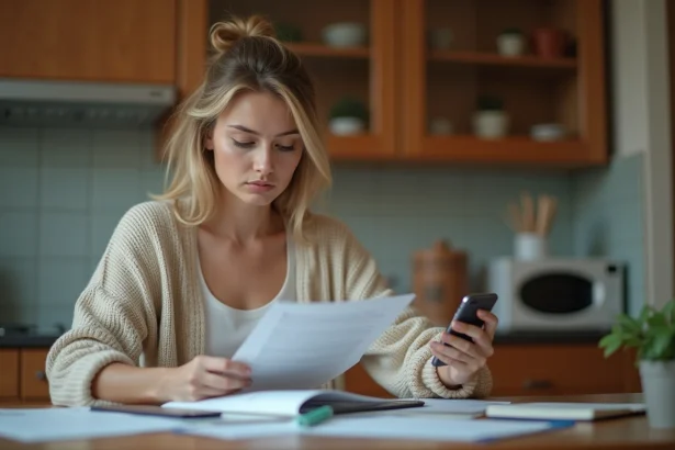 Femme assise à la cuisine vérifiant un document