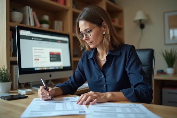Femme consultant les formulaires CERFA pour la déclaration d'impôts 2026 à son bureau à domicile