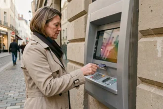 Femme utilisant un distributeur automatique de billets en extérieur dans une rue pavée européenne