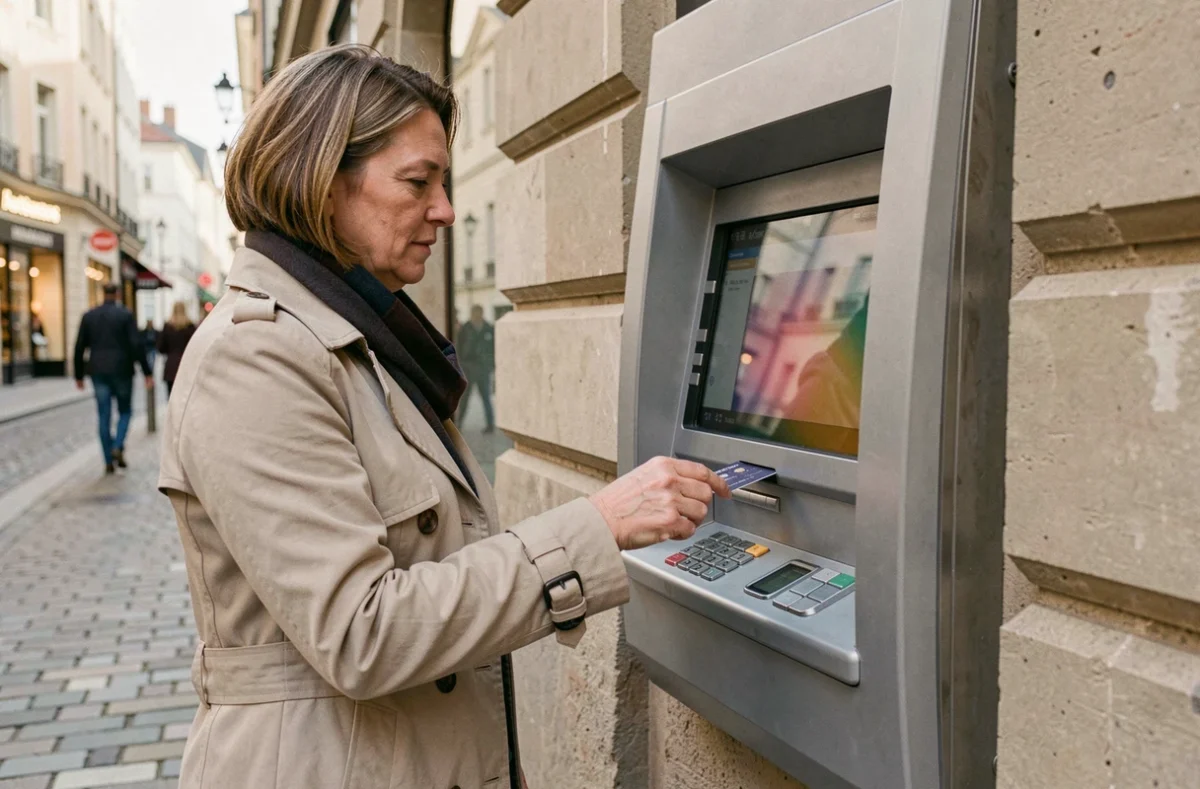 Femme utilisant un distributeur automatique de billets en extérieur dans une rue pavée européenne