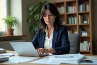 Femme en blazer marine consultant des documents sur les droits au chômage à son bureau à domicile