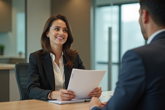 Femme d'affaires présentant un dossier à un conseiller financier