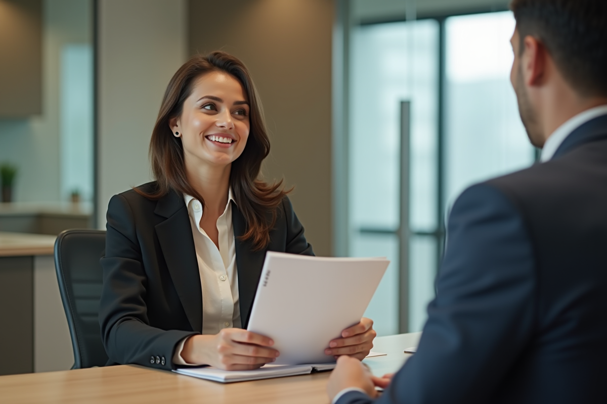 Femme d'affaires présentant un dossier à un conseiller financier