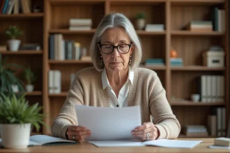 Femme d'une cinquantaine d'années consultant ses documents d'épargne et un livret financier à son bureau à domicile