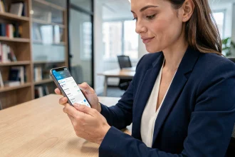 Femme professionnelle utilisant l'espace client Banque Populaire Val de France sur smartphone au bureau