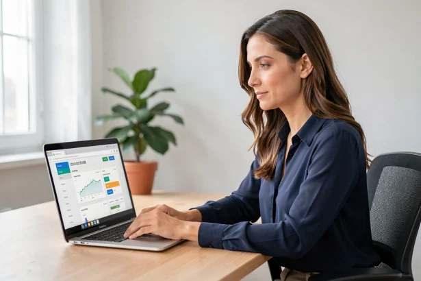 Femme utilisant l'espace client Cyberplus Banque Populaire Sud Ouest sur un ordinateur portable depuis son bureau à domicile