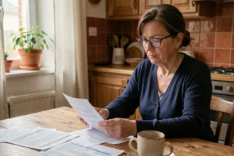 Femme d'âge mûr examinant des documents de mutuelle santé Viasanté à sa table de cuisine