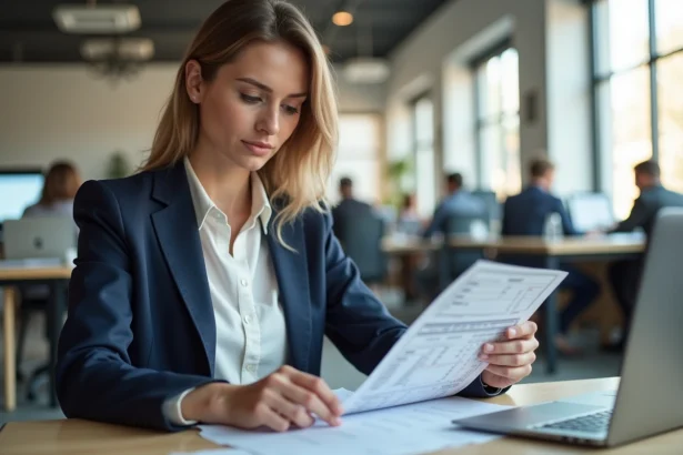 Femme consultant une fiche de paie dans un bureau moderne, illustrant la conversion salaire brut en net 2026