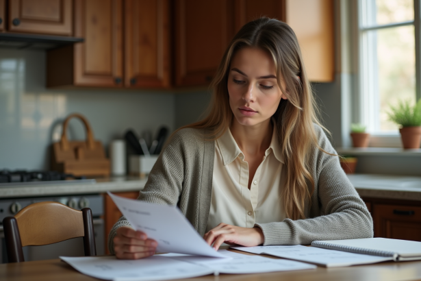 Jeune femme réfléchissant à ses finances dans une cuisine modeste