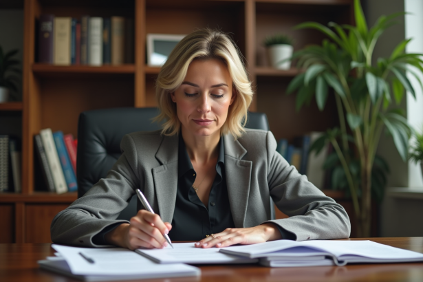 Femme d affaires en train de revoir un document mortgage