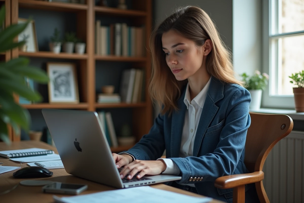 Jeune femme analysant un tableau financier sur son ordinateur