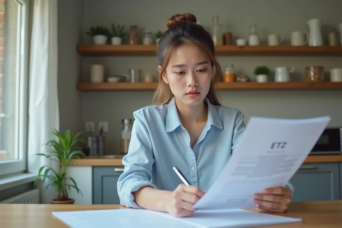 Jeune femme lisant des documents Éco PTZ dans la cuisine