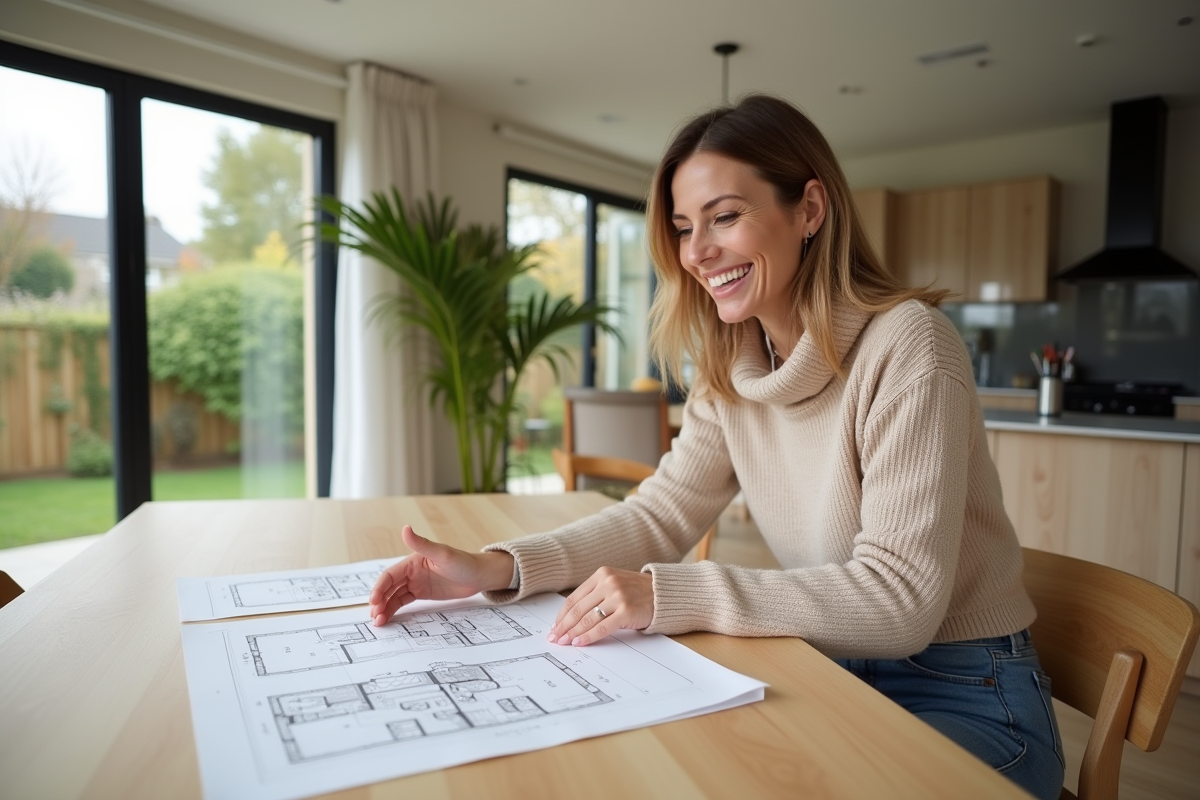 Femme souriante étudiant des plans dans une maison moderne