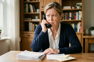 Femme au téléphone avec sa banque pour résoudre un litige bancaire, documents posés sur la table