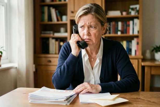 Femme au téléphone avec sa banque pour résoudre un litige bancaire, documents posés sur la table