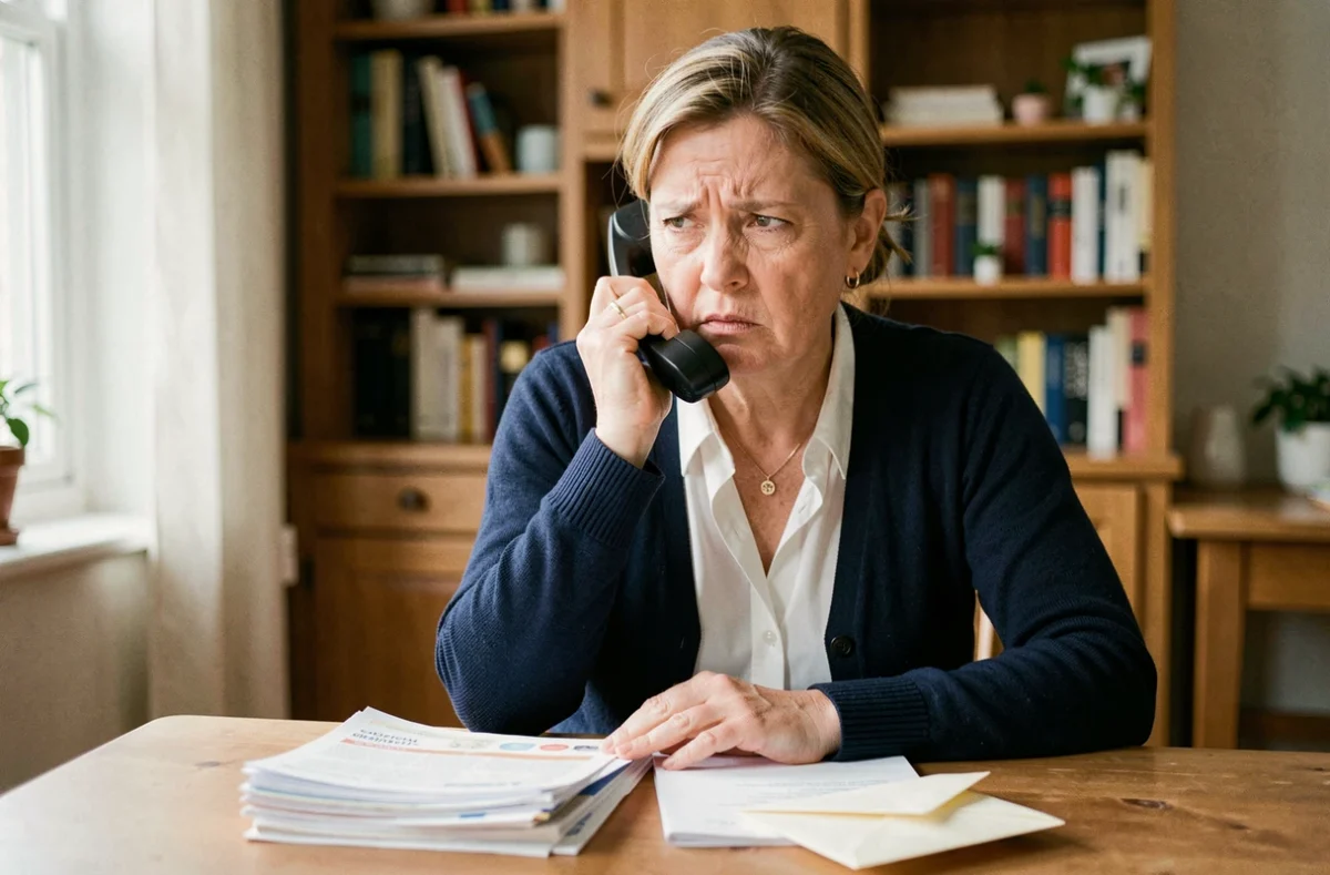 Femme au téléphone avec sa banque pour résoudre un litige bancaire, documents posés sur la table