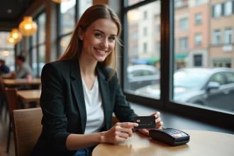 Jeune femme souriante utilisant une carte de paiement au café