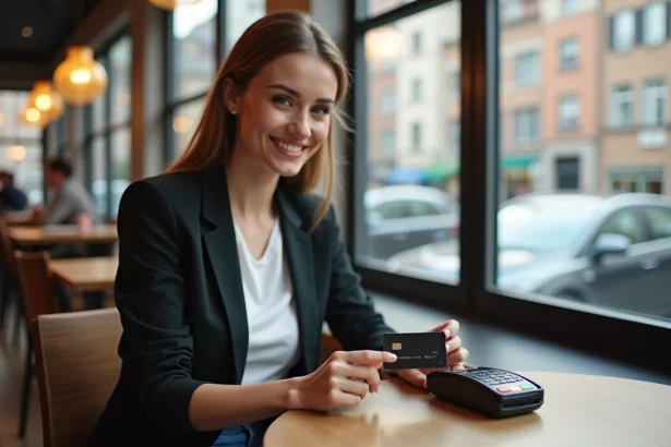 Jeune femme souriante utilisant une carte de paiement au café