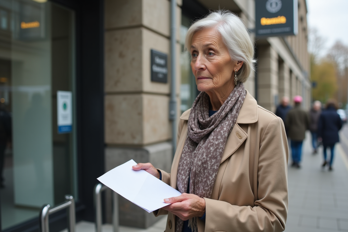 Femme âgée devant un bureau de pension en ville