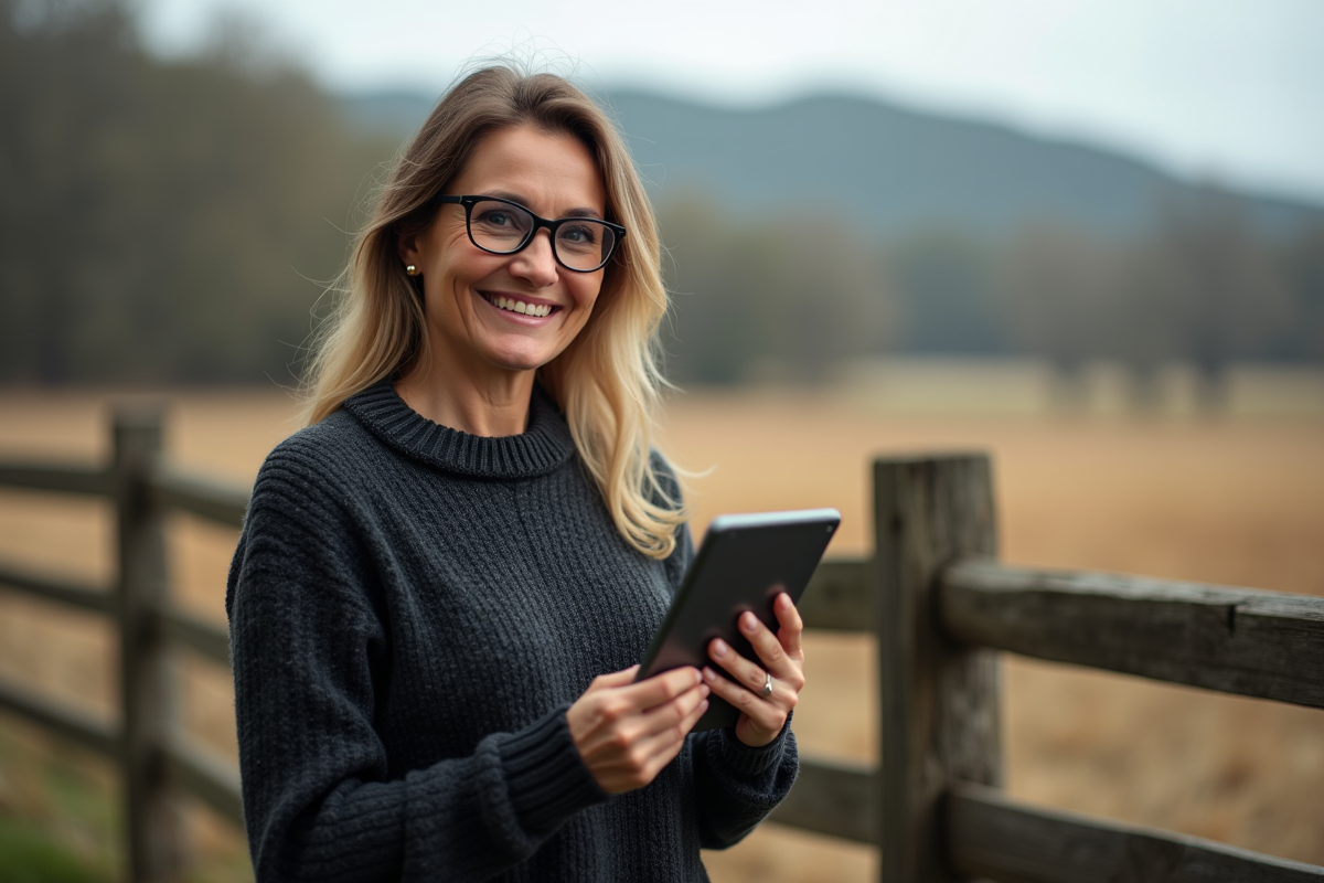 Femme photographe avec tablette dans un cadre rural naturel