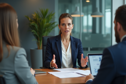 Femme confiante en réunion d'affaires avec investisseurs