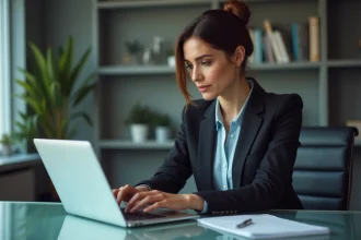 Femme d affaires au bureau utilisant un ordinateur portable