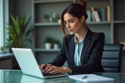 Femme d affaires au bureau utilisant un ordinateur portable