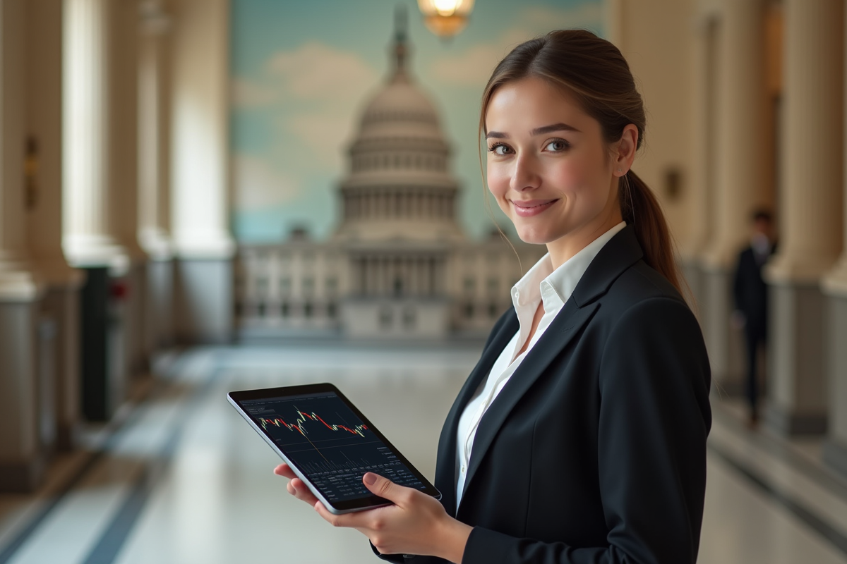 Jeune femme avec tablette crypto devant mural du Capitole