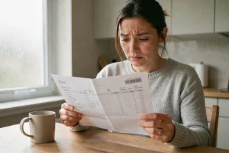 Femme consultant son relevé bancaire à la table de cuisine avec une expression interrogative