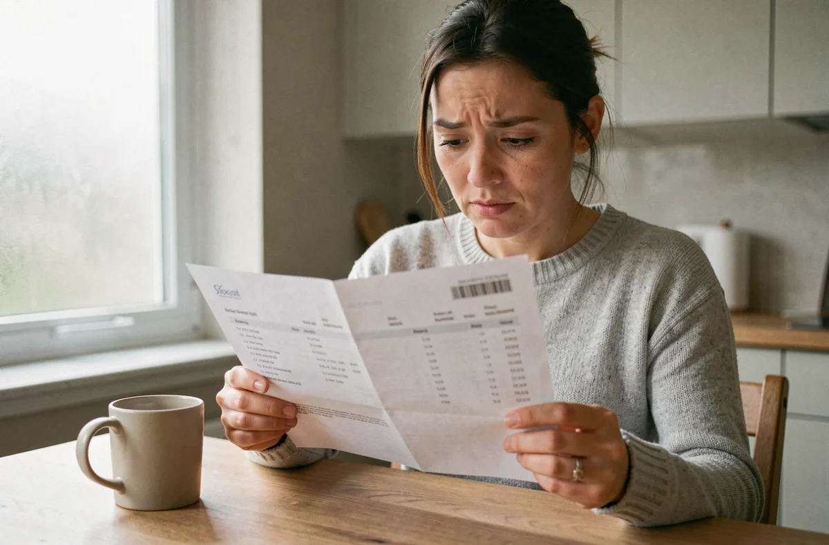 Femme consultant son relevé bancaire à la table de cuisine avec une expression interrogative