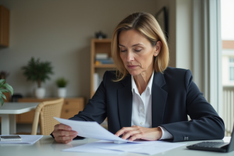 Femme française en bureau à domicile examine documents de retraite
