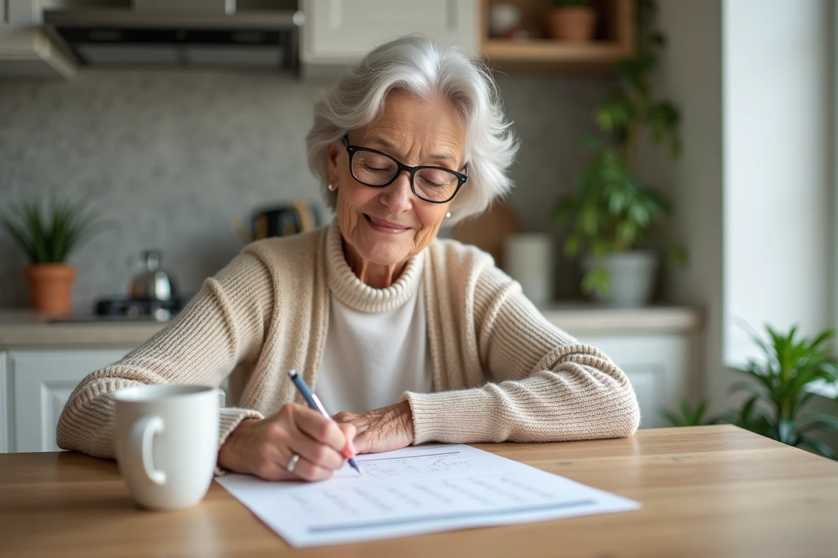 Femme âgée consulte son calendrier de retraite à la maison