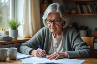 Femme d'âge moyen remplissant des papiers de pension dans la cuisine
