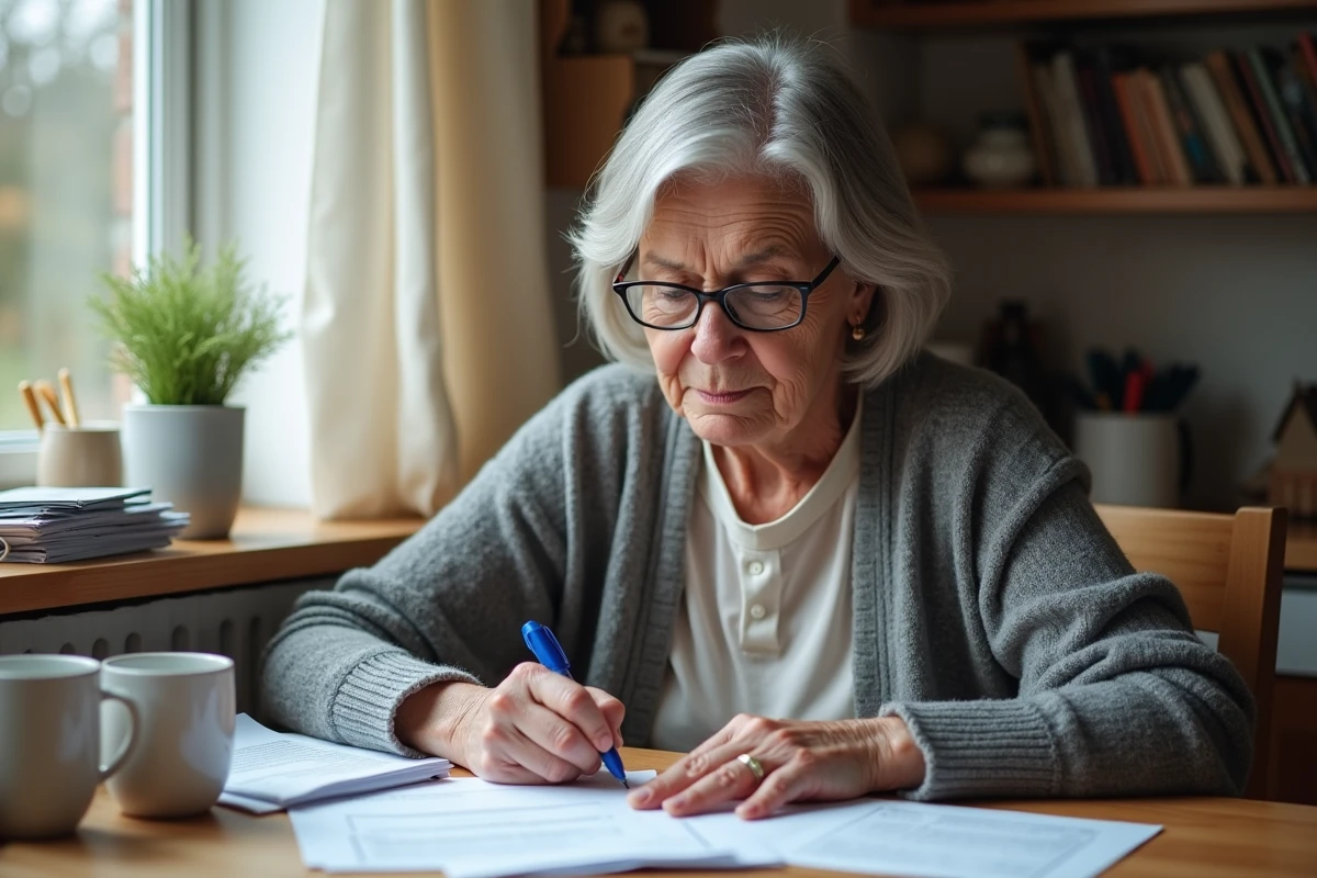 Femme d'âge moyen remplissant des papiers de pension dans la cuisine
