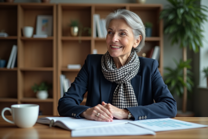 Femme retraitée souriante avec dossiers et calendrier